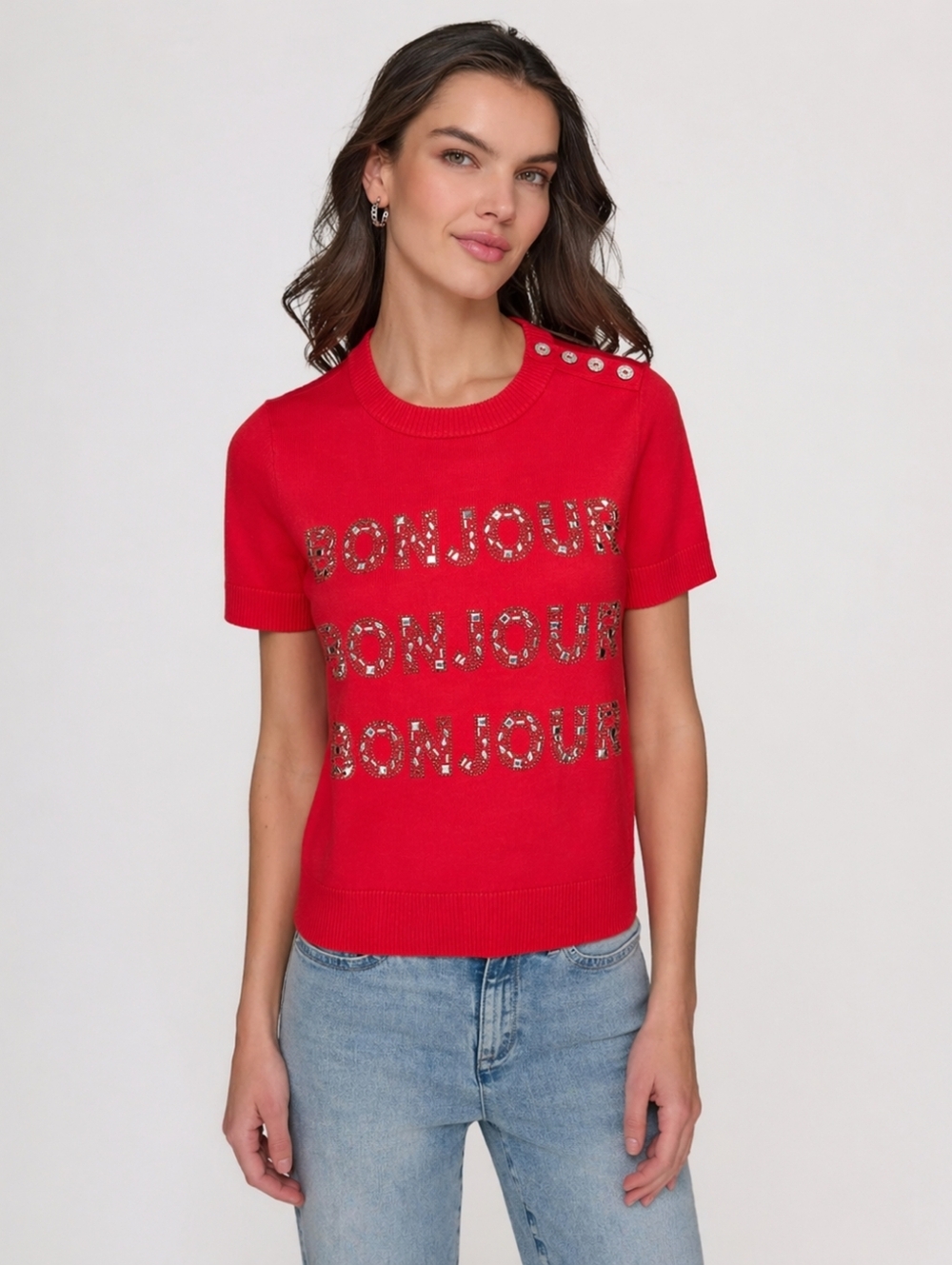 Karl Lagerfeld Bright Red 'Bonjour' Embellished Short Sleeve Knit Top Sweater